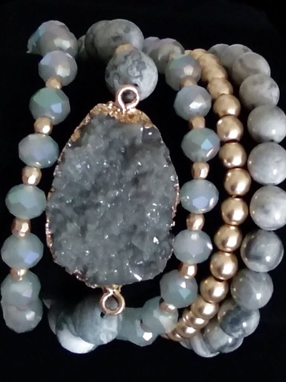 Handcrafted Gray Druzy & Crazy Lace Jasper Stretch Bracelet Stack